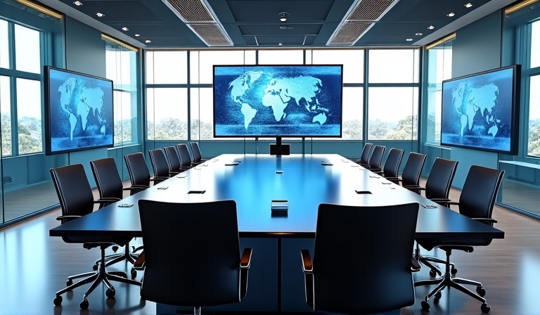 Modern business training facility with conference tables and presentation screens
